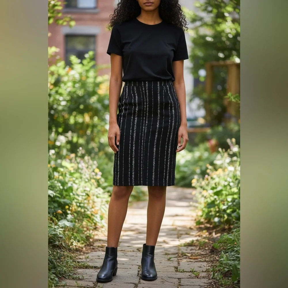 Anthropologie Eva Franco Black White Textured Stripe Pencil Skirt Size 4